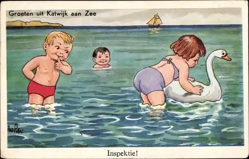 Künstler Ak Scheuermann, Willi, Katwijk aan Zee, Kinder in Badekleidung am Strand