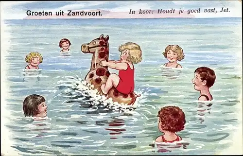 Künstler Ak Wills, John, Zandvoort, Kinder baden im Meer, Spielzeugpferd