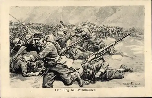 Künstler Ak Schulz Steglitz, Curt, Der Sieg bei Mühlhausen, Schlachtfeld, Soldaten, I. WK