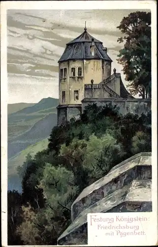 Künstler Ak Königstein an der Elbe Sächsische Schweiz, Festung, Friedrichsburg mit Pagenbett