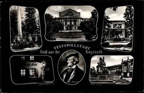 Ak Bayreuth in Oberfranken, Festspielhaus, Schloss, Restaurant Eule, Portrait Wagner