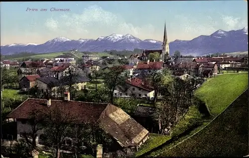 Ak Prien am Chiemsee Oberbayern, Ortsansicht, Kirche, Alpen