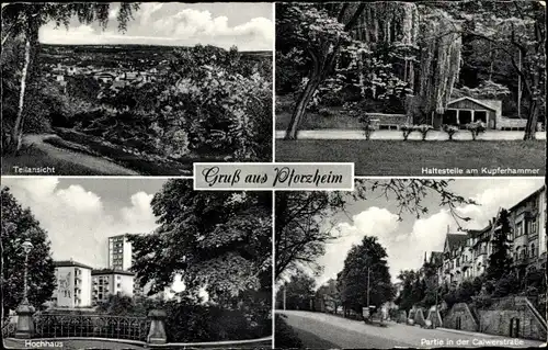 Ak Pforzheim im Schwarzwald, Haltestelle am Kupferhammer, Hochhaus, Calwer Straße