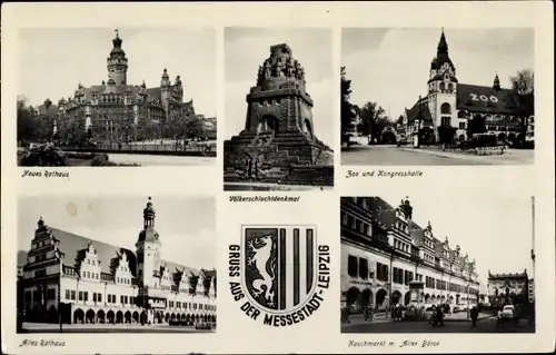 Ak Leipzig in Sachsen, Neues Rathaus, Völkerschlachtsdenkmal, Altes Rathaus, Zoo, Kongresshalle