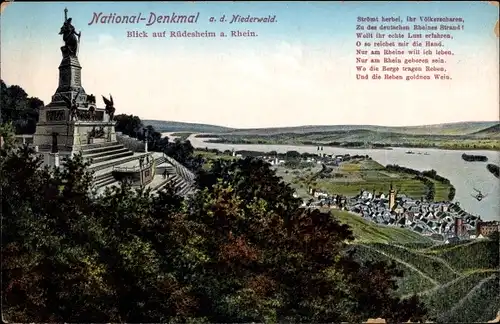 Ak Rüdesheim am Rhein, Niederwald Nationaldenkmal, Panorama, Gedicht