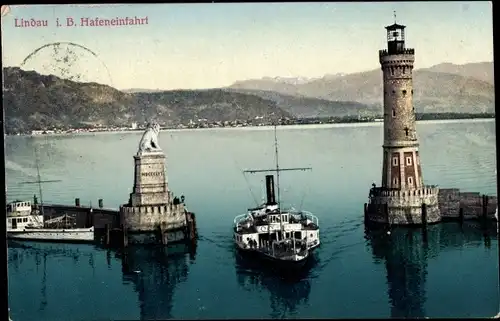 Ak Lindau am Bodensee Schwaben, Hafeneinfahrt, Dampfschiff