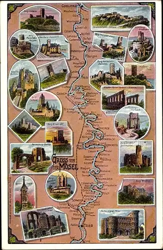 Landkarten Ak Die Mosel von Koblenz bis Trier, Ehrenbreitstein, Porta Nigra, Cochem, Burg Eltz