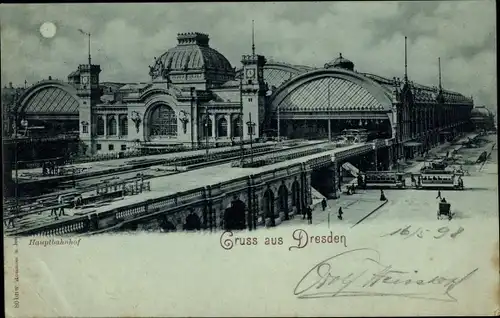 Mondschein Ak Dresden Zentrum Altstadt, Hauptbahnhof