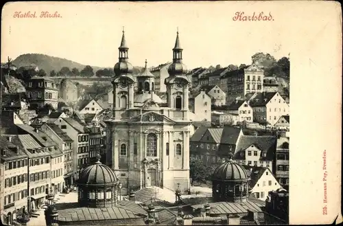 Ak Karlovy Vary Karlsbad Stadt, Katholische Kirche, Front, Umgebung