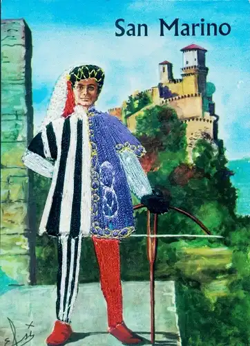 Seidenstick Künstler Ak San Marino, Mann in Tracht, Schloss