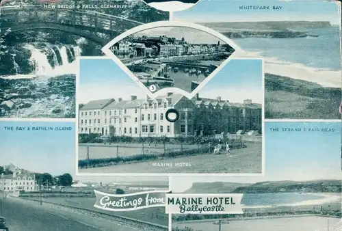 Mechanische Ak Ballycastle Nordirland, Marine Hotel, The Bay, Rathlin Island, Whitepark Bay