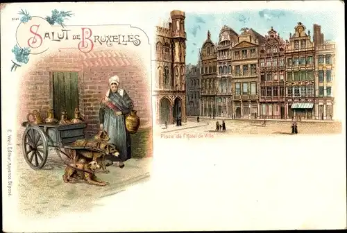 Litho Brüssel Brüssel, Rathausplatz, Milchmädchen, Hundewagen