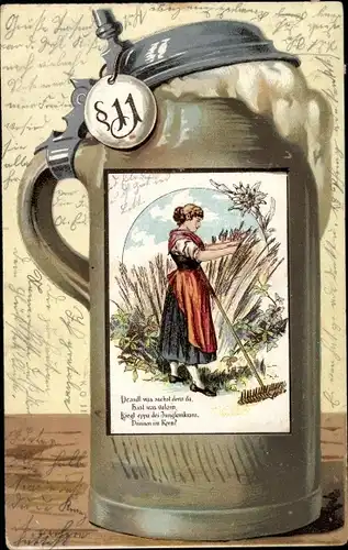Passepartout Litho Bierkrug, Frau im Getreidefeld