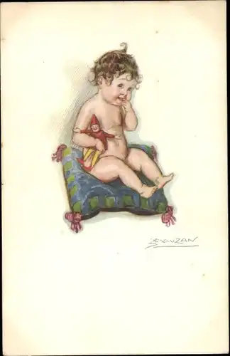 Künstler Ak Mauzan, Kleinkind mit Puppe