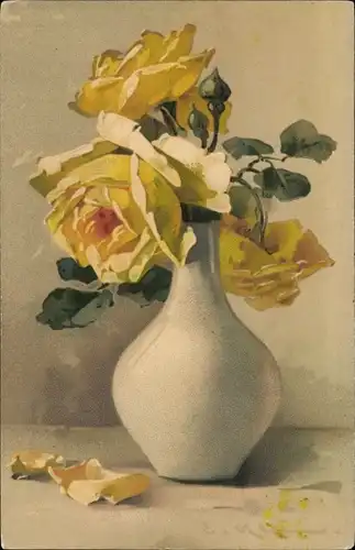 Künstler Ak Klein, Catharina, gelbe Rosen in einer Blumenvase, Meissner & Buch 1962