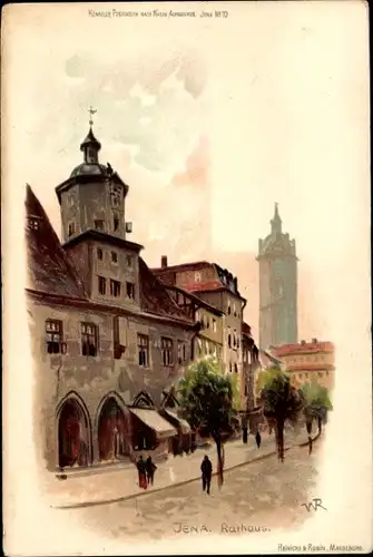 Künstler Litho Jena Thüringen, Straßenpartie vor dem Rathaus, Kirchturm