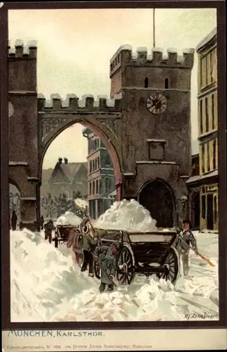 Winter Künstler Litho Diemer, Zeno, München, Karlstor, Schnee wird geräumt