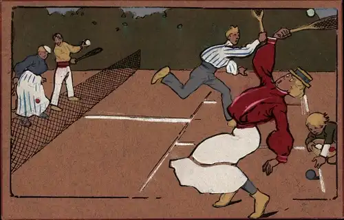 Künstler Ak Paare bei Tennis-Doppel, Tennisplatz