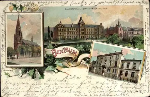 Litho Bochum im Ruhrgebiet, Bismarck Straße, Gymnasium, Kreishaus