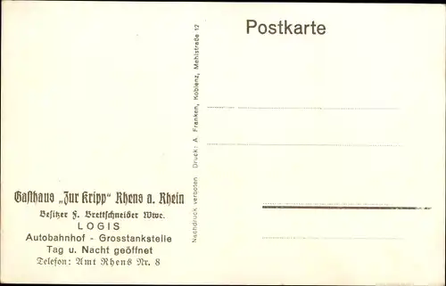 Ak Rhens am Rhein, Gasthaus zur Kripp, Siegel, Urkunde