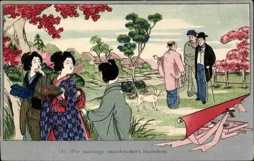 Künstler Ak Japan, Heiratsvermittler, Frauen in Kimonos