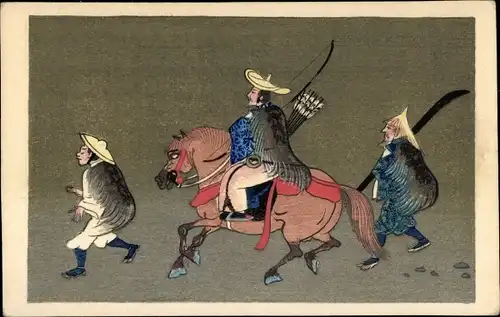 Künstler Ak Japaner, Drei Japaner, Krieger mit Pfeil und Bogen, Reiter