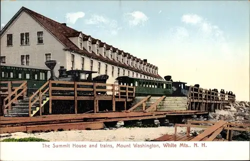 Ak Mount Washington New Hampshire USA, The Summit House und Züge