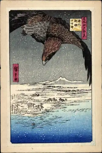 Künstler Ak Hiroshige, Utagawa, Japan, Landschaft, Adler, Schneefall