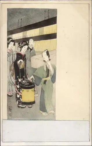 Künstler Ak Japan, Straßenszene, Männer und Frauen in Trachten