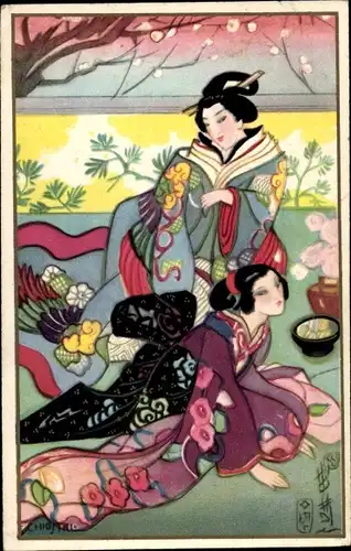 Künstler Ak Japan, Zwei Frauen in bunten Kimonos