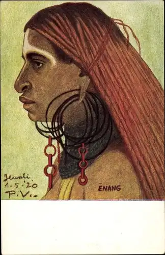 Künstler Ak Niederländisch-Neuguinea, Portrait einer Frau mit großen Ohrlöchern, Enang