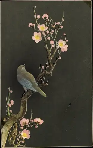 Ak Japan, Vogel auf einem Blütenzweig