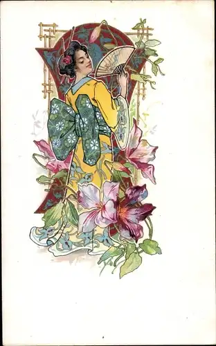 Jugendstil Litho Japan, Frau mit Fächer, Kimono, Blüten