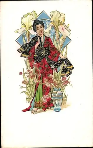 Jugendstil Litho Japan, Frau im Kimono, Blüten, Blumenvase, Iris