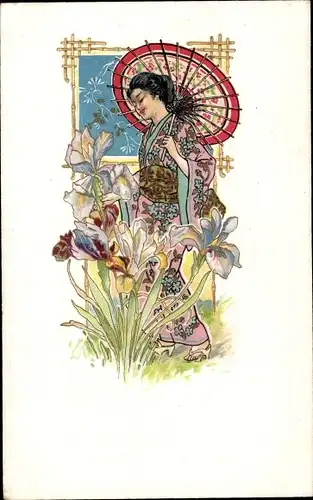 Jugendstil Litho Japan, Frau im Kimono mit Sonnenschirm, Blüten, Iris