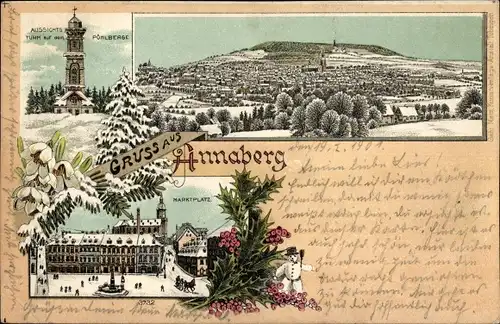Winter Litho Annaberg Buchholz im Erzgebirge, Panorama, Marktplatz, Pöhlberg, Aussichtsturm