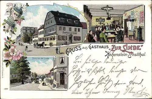 Litho Hohenstein Ernstthal in Sachsen, Gasthaus Zur Linde, Innenansicht, Straße