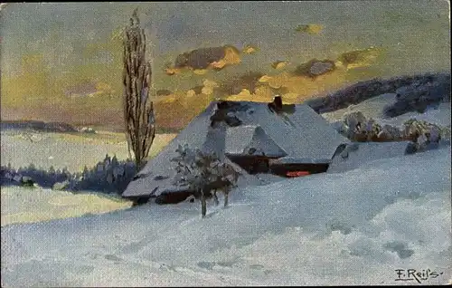 Künstler Ak Reiss, Fritz, Winter im Schwarzwald, Schwarzwaldhaus