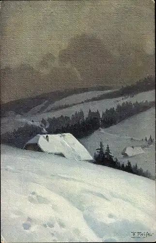 Künstler Ak Reiss, Fritz, Winter im Schwarzwald, Bauernhaus in verschneiter Landschaft