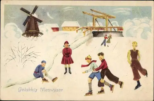 Ak Glückwunsch Neujahr, Kinder beim Eislaufen, Windmühle