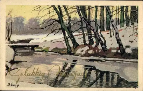 Künstler Ak Glückwunsch Neujahr, Winter, Fluss, Bäume, Schnee