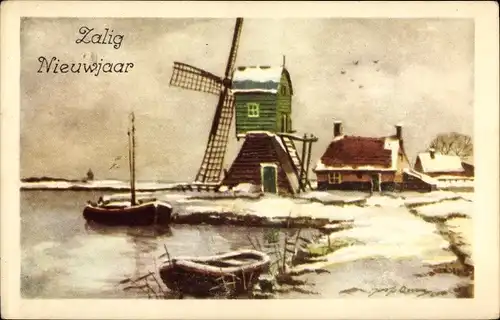 Ak Glückwunsch Neujahr, Windmühle, Ruderboote, Winter