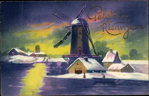 Ak Glückwunsch Neujahr, Windmühle, Wohnhäuser, Schnee