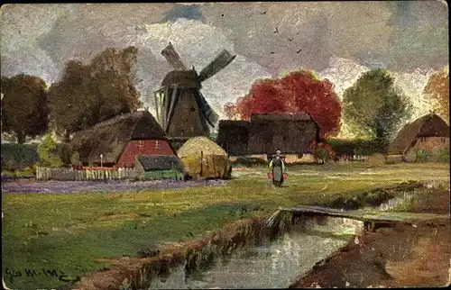 Künstler Ak Windmühle, Wohnhäuser, Bäuerin, Fluss