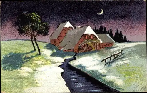 Künstler Ak Wassermühle bei Nacht, Mühlbach, Mond