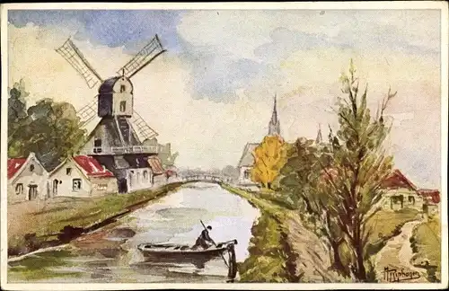 Künstler Litho Ripbogen, Flusspartie, Ruderboot, Windmühle