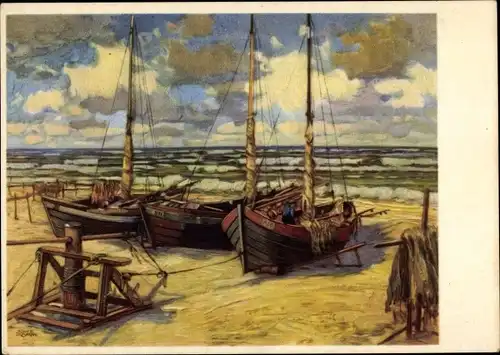 Künstler Ak Adam, J., Segelboote am Strand, Fischerboote, Seilwinde