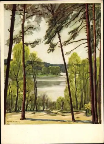 Künstler Ak Preiss, F., See, Ufer, Bäume