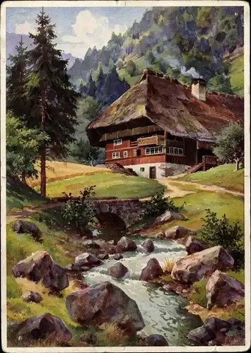 Künstler Ak Merker, W., Gutachtal, Wohnhaus, Bach, Brücke
