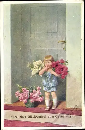 Künstler Ak Feiertag, K., Glückwunsch Geburtstag, Gratulant, Blumen